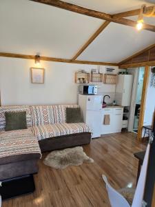 a living room with a couch and a kitchen at Cabana Mura in Olăneşti