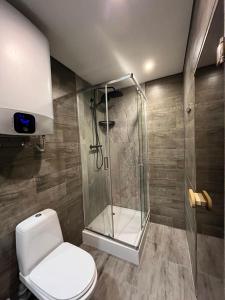 a bathroom with a glass shower and a toilet at Dzivoklis ar saunu in Rēzekne +5 photos