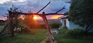 a tree branch in front of a house with the sunset at Goldener Blick in Stollberg