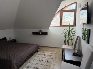 a bedroom with a bed and a window and a chair at Alexia Agropension in Pui +16 photos