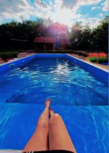 a person laying on the edge of a swimming pool at Alexia Agropension in Pui