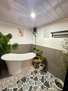 a bathroom with a bath tub and potted plants at Maria Staycation House in Davao City