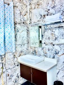 a bathroom with a sink and a marble wall at Hotel Park Plaza Srinagar in Srinagar