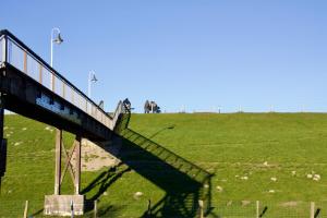a bridge over a field with people walking on it at Meerblick 60 in Nordstrand