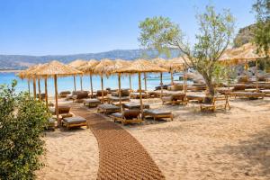 a beach with chairs and umbrellas and the water at Helios Beach Hotel & Bungalows in Karpathos