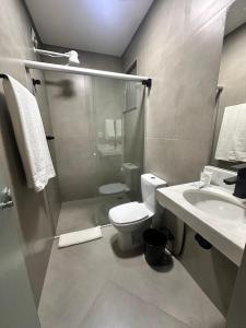 a bathroom with a toilet and a shower and a sink at B Hotel 888 hotéis - Próximo a Rodoviária e Praça Sete in Belo Horizonte +129 photos