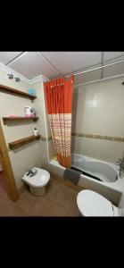 a bathroom with a toilet and a shower curtain at Casa Enrique in Alicante +11 photos