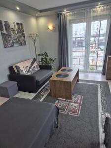 a living room with a couch and a coffee table at Willa "Aparthause" E-Apartamenty in Mielec