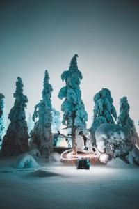 a snow covered forest with trees and a house at Syöte Igloos in Syöte