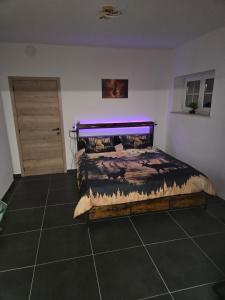 a bedroom with a bed with a purple lighting at Le Marronnier in Bastogne