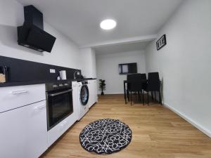 a kitchen with a washer and dryer on a wooden floor at The Günz Homes 1 in Günzburg +12 photos