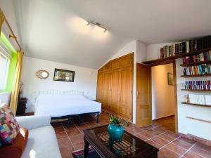 a bedroom with a bed and a couch and a table at Finca Bellavista de Gredos in Madrigal de la Vera
