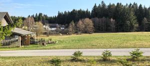 a field with a house and animals in the distance at Almplatz mit Weitblick in Langschlag