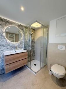 a bathroom with a shower and a toilet and a sink at Les suites Villeneuve - 3 in Le Puy-en-Velay