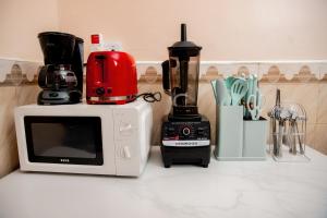 a kitchen counter with a blender and a microwave at Chuma's home in Arusha