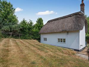 a white house with a thatched roof on top of a field at 2 Bed in Romsey oc-thatc in Newtown +7 photos