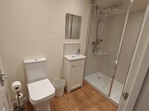a bathroom with a toilet and a shower and a sink at 3 Bed in Askrigg oc-w29833 in Marsett +23 photos