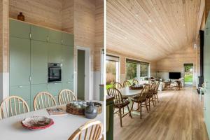 a kitchen and dining room of a house with green cabinets at JB408-Brovst-Urbakken-2 in Brovst