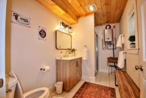 a bathroom with a sink and a toilet and a mirror at 3 Bedroom Happy Cottage 15 in Edgecomb +31 photos