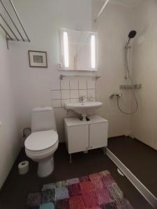 a bathroom with a toilet and a sink at Skogstjärna in Filipstad +32 photos