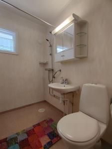 a bathroom with a white toilet and a sink at Mistel in Filipstad +34 photos