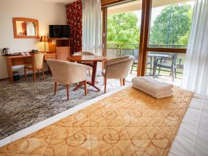 a hotel room with a bed and a table and chairs at Hotel Cigoland in Kintzheim