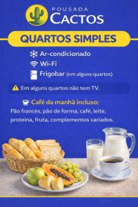 a flyer with a plate of bread and a cup of coffee at Pousada Cactos in Chapada dos Guimarães