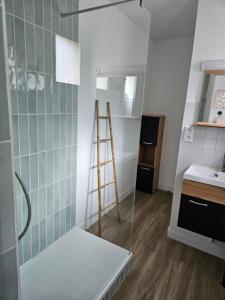 a bathroom with a ladder and a glass shower at Hôtel La Frégate in Fécamp +32 photos