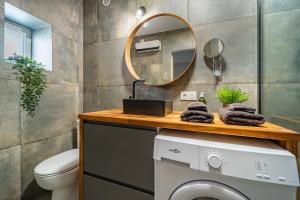 a bathroom with a washing machine and a mirror at L'Expresso in Frontonas