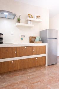 a kitchen with wooden cabinets and a stainless steel refrigerator at Koralis in Petra