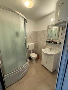 a bathroom with a shower and a toilet and a sink at Academia De Arhitectura in Piteşti +14 photos