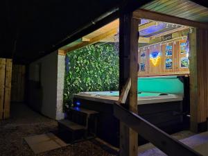 a room with a pool table and a green wall at Annies Farm Cottage in Derry Londonderry