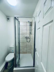 a bathroom with a shower and a toilet at Melrose Abbey Guest House in Liverpool