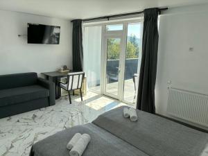a bedroom with a bed and a couch and a desk at Zveniv Resort in Oryavchyk