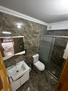a bathroom with a sink and a toilet and a mirror at Ayder Villa Bravo in Çamlıhemşin