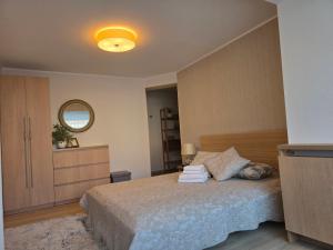 a bedroom with a bed with a dresser and a mirror at Nidos centras -Taikos g in Nida