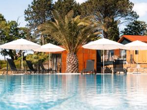 a swimming pool with umbrellas and chairs and a house at Wine Paradise - Glamping resort in Marezige
