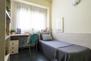 um quarto com uma cama, uma secretária e uma janela em Residencia Universitaria Erasmo em Madrid