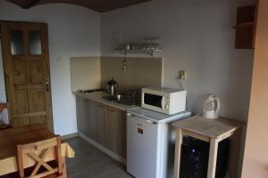 a small kitchen with a microwave on top of a refrigerator at Apartmány Amaris in Strachotín
