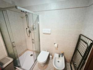 a bathroom with a shower and a toilet and a sink at Good Time house in Aprilia Marittima +5 photos