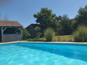 a large blue swimming pool in a yard at Apartmány Amaris in Strachotín