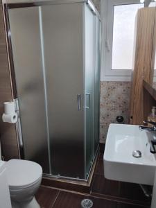a bathroom with a shower and a toilet and a sink at Blue Infinity in Káto Ássos +8 photos