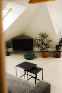 a living room with a couch and a tv at Apartman Barbara in Lipany