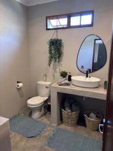 a bathroom with a sink and a toilet and a mirror at LuVic Guesthouse in Naboomspruit