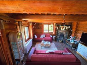 a living room with red couches and a fireplace at Blueberry Blockhouse in Hărniceşti