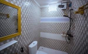a bathroom with a toilet and a mirror at Buceo Inn Mathiveri in Mathiveri