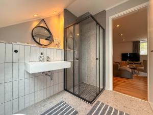 a bathroom with a shower with a sink and a mirror at Boutique Apartment 74 in Krefeld +26 photos