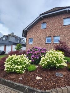 two bushes of flowers in front of a house at Ferienwohnung Pommerbachquelle in Kaisersesch