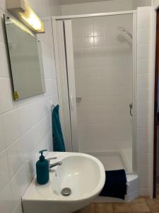 a bathroom with a sink and a shower with a mirror at Studio Le Vale - Centre Ville de Givet in Givet