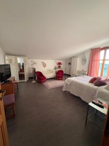 a large living room with two beds and a couch at Les Lauriers, chambre d'hôtes in Siamanna